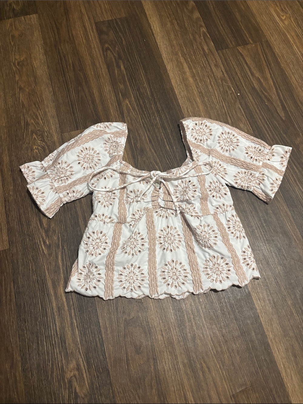 Boho Embroidered White and Tan Peasant Top